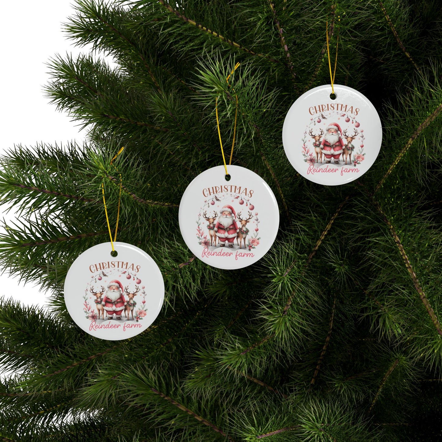 Christmas Reindeer Farm Santa and Reindeer Ceramic Ornament (1pc, 3pcs, 5pcs, 10pcs)
