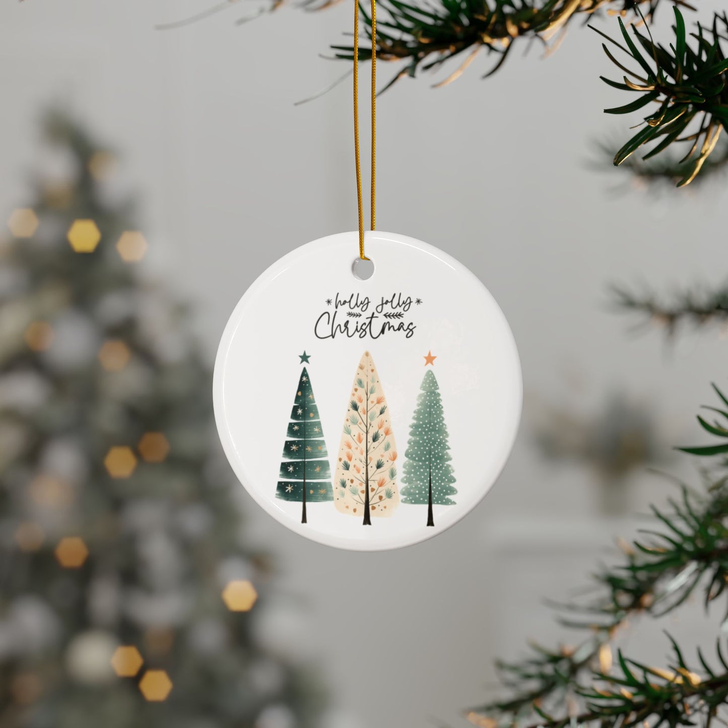 Holly Jolly Christmas Cozy Trees Ceramic Ornament (1pc, 3pcs, 5pcs, 10pcs)