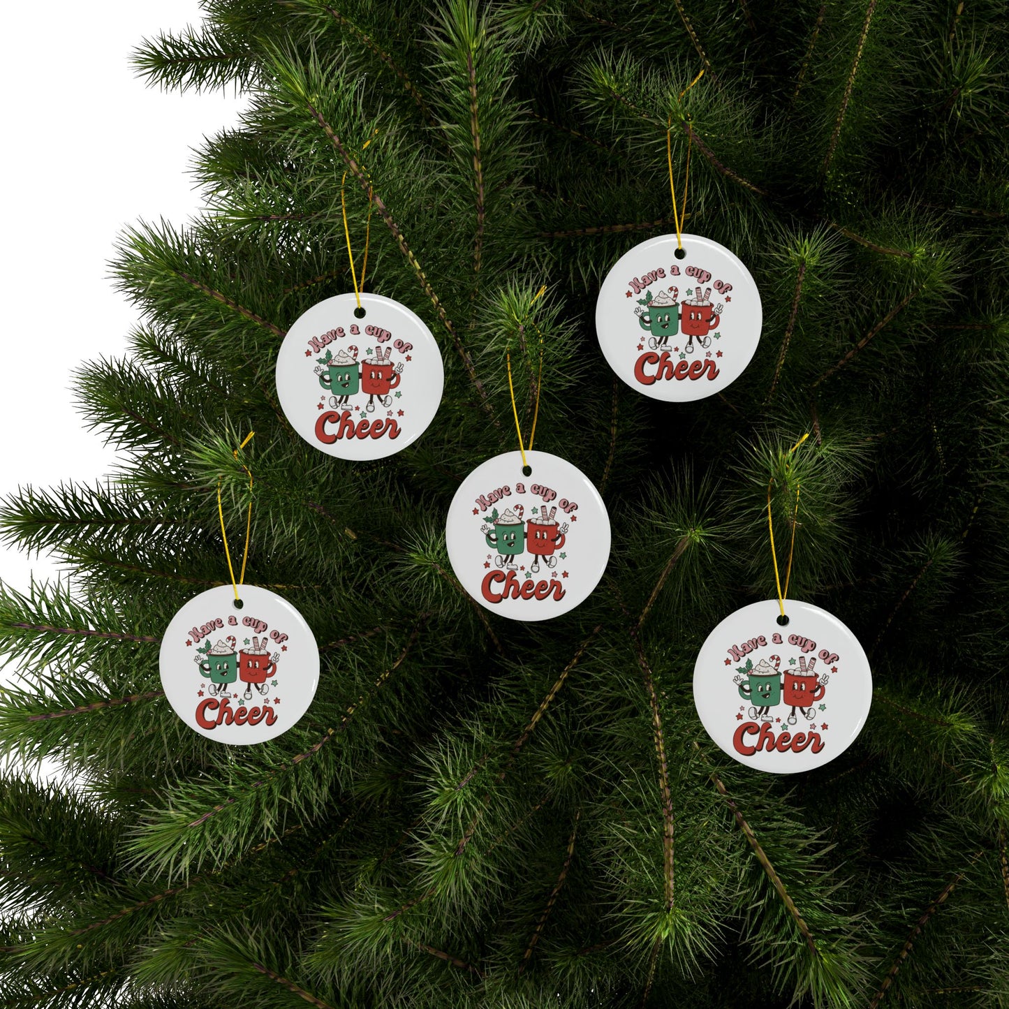 Have a Cup of Cheer Round Ceramic Ornament (1pc, 3pcs, 5pcs, 10pcs)