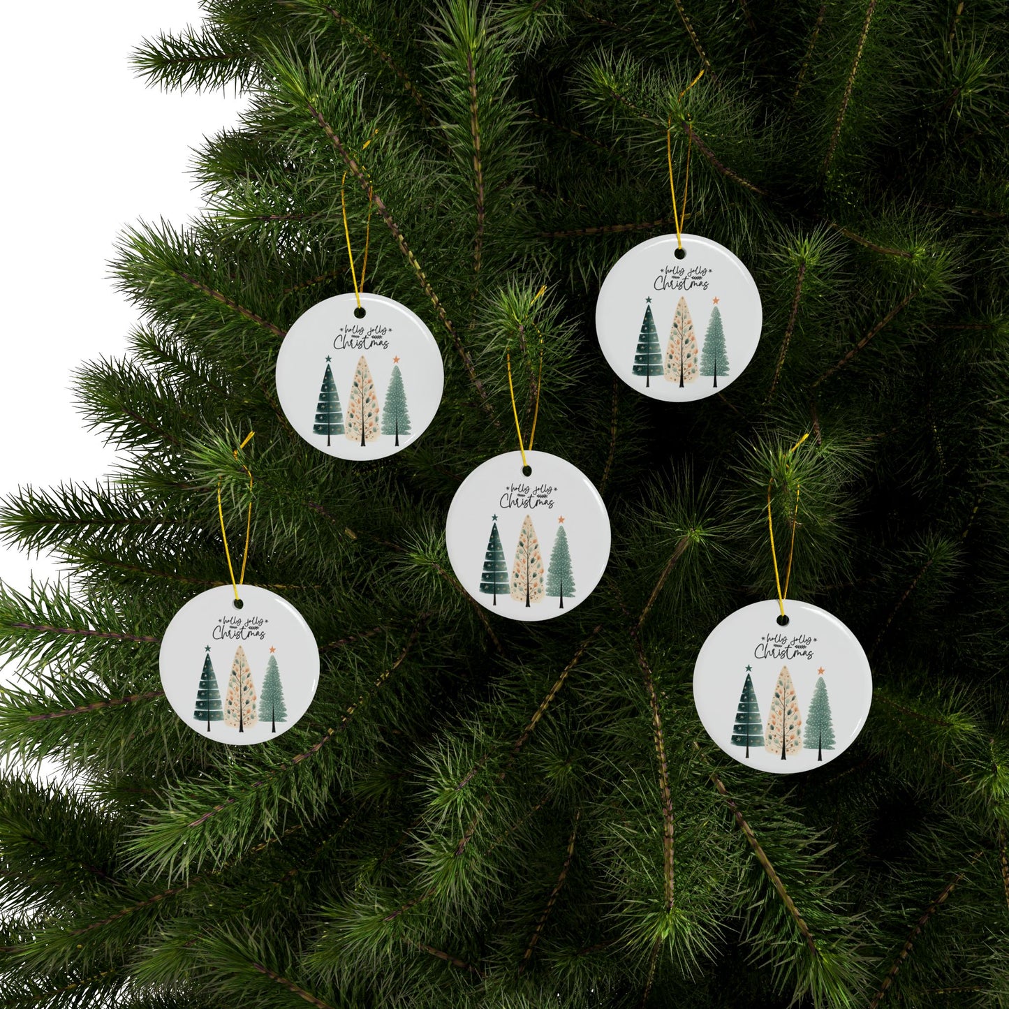 Holly Jolly Christmas Cozy Trees Ceramic Ornament (1pc, 3pcs, 5pcs, 10pcs)
