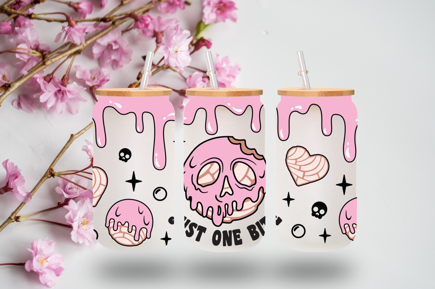 Just One Bite Pink Dripping Skull Donut Design 16 oz Frosted Glass Cup with Bamboo Lid & Straw