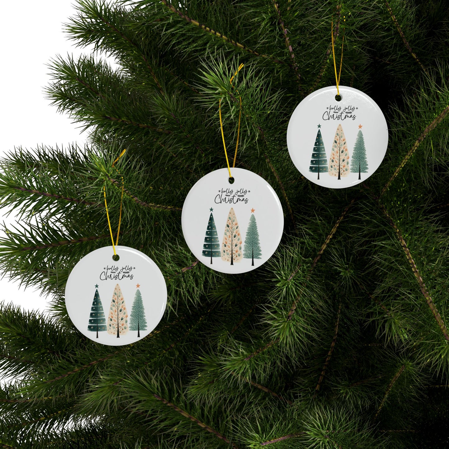 Holly Jolly Christmas Cozy Trees Ceramic Ornament (1pc, 3pcs, 5pcs, 10pcs)