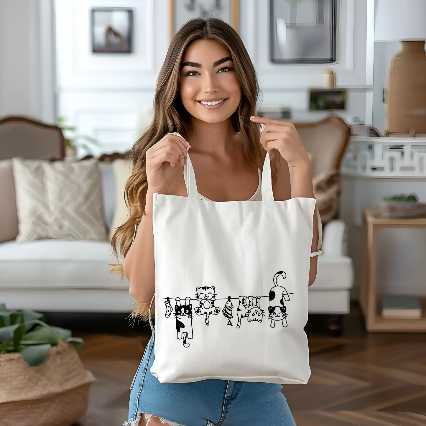 “Cute Cats Hanging on a Clothesline” Tote Bag – Adorable Cat Lover’s Tote