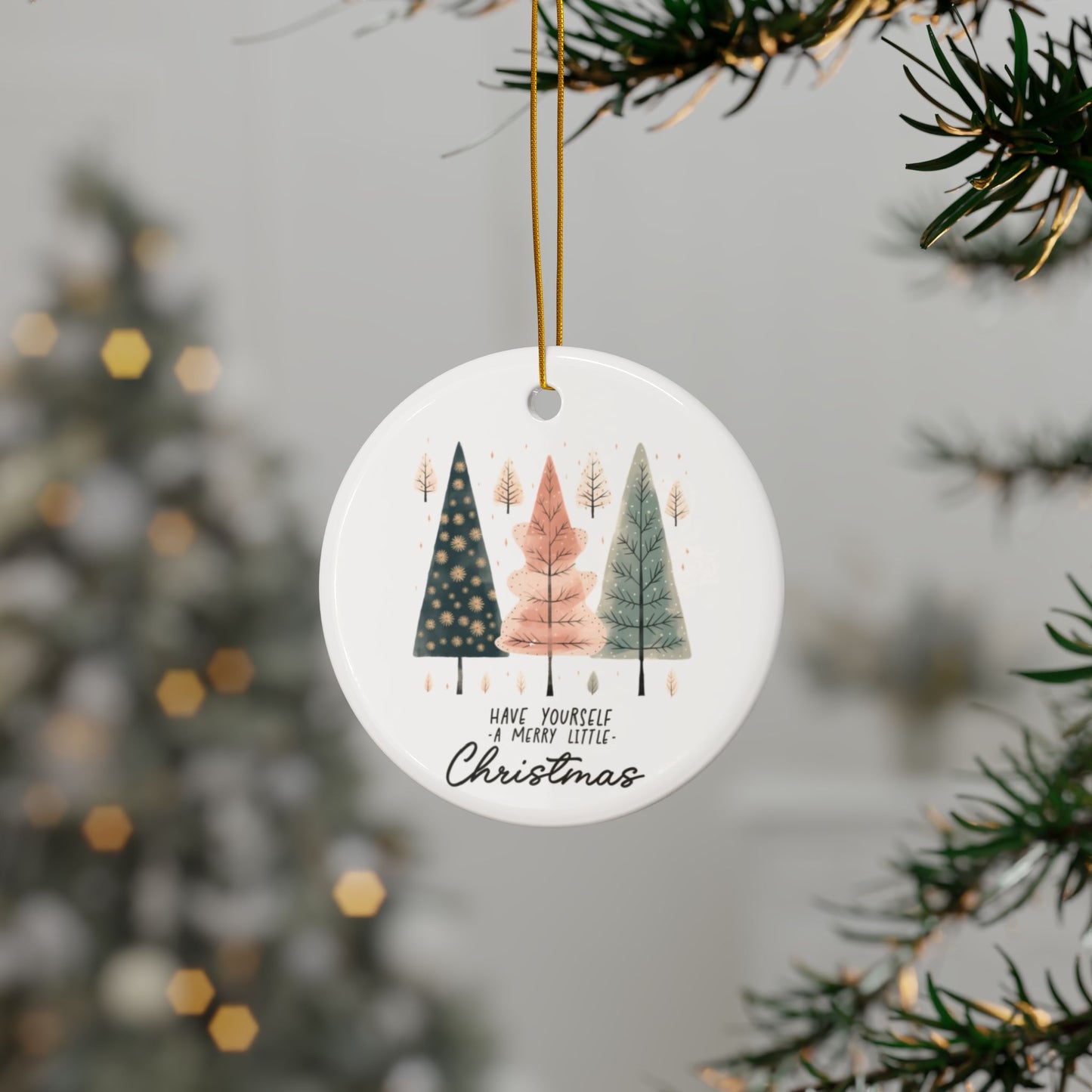 Merry Little Christmas Cozy Trees Ceramic Ornament (1pc, 3pcs, 5pcs, 10pcs)