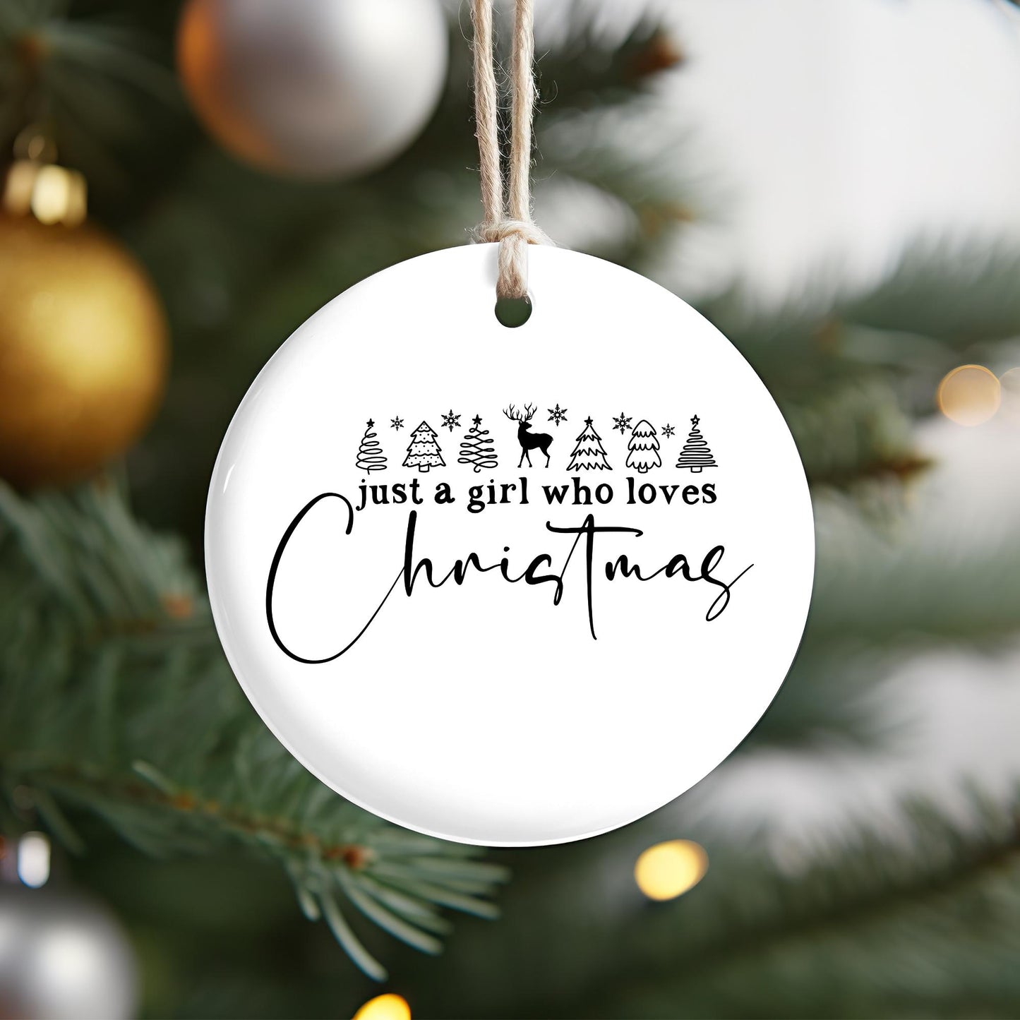 Just a Girl Who Loves Chistmas Ceramic Christmas Ornament | White White Elephant Gift | Fun Gift | Classic Tree Design | Gift for Her