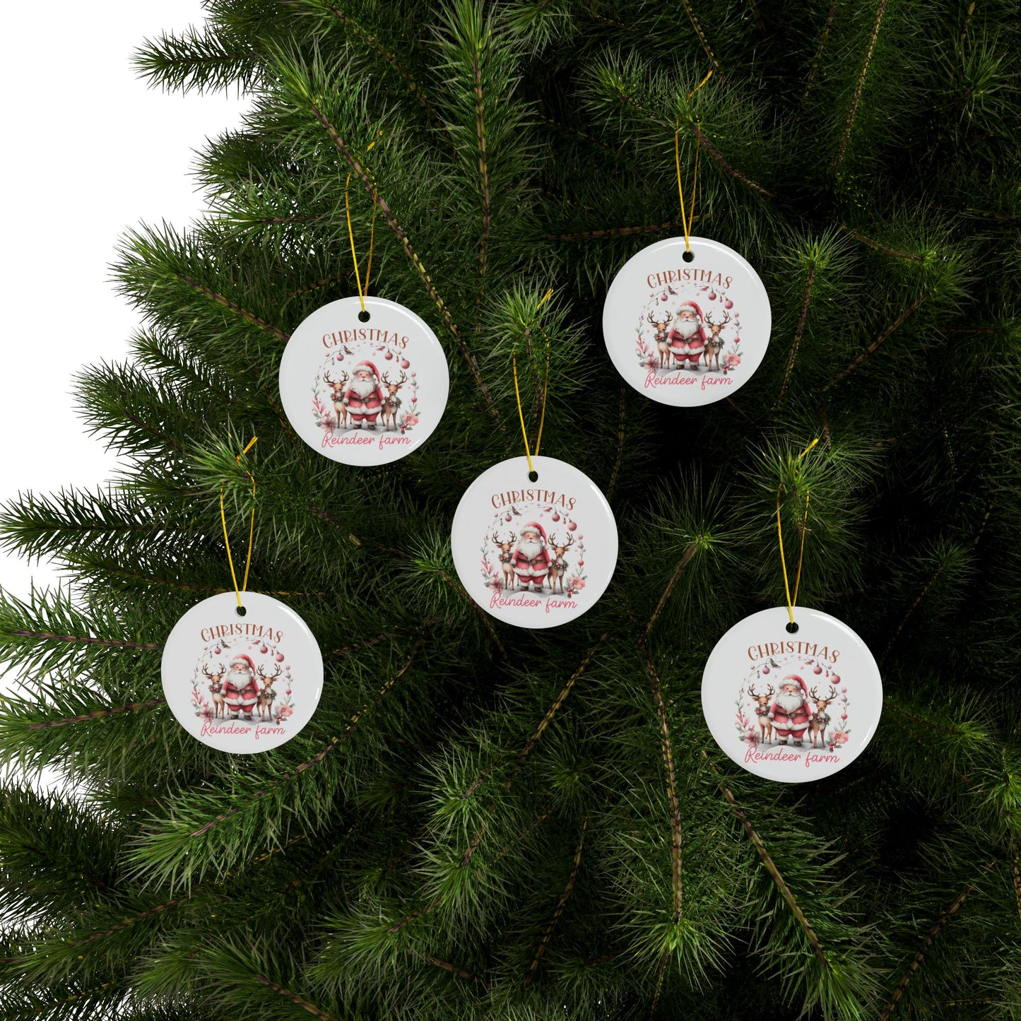 Christmas Reindeer Farm Santa and Reindeer Ceramic Ornament (1pc, 3pcs, 5pcs, 10pcs)