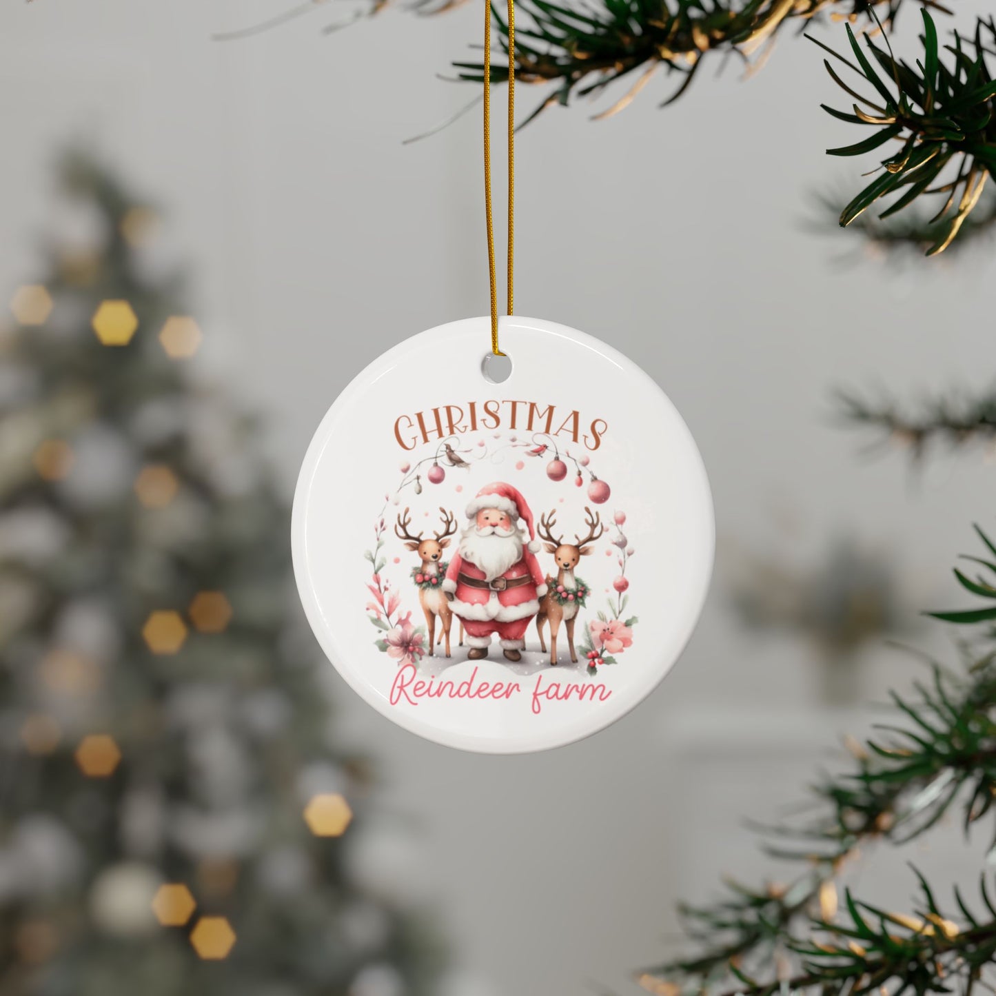 Christmas Reindeer Farm Santa and Reindeer Ceramic Ornament (1pc, 3pcs, 5pcs, 10pcs)
