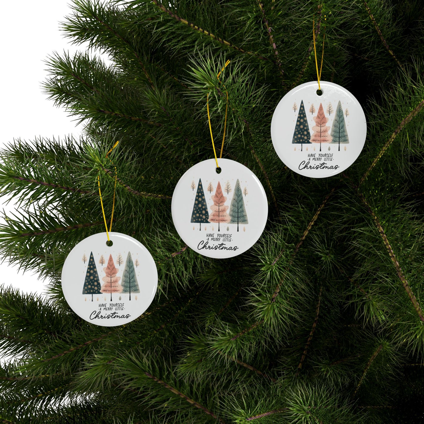 Merry Little Christmas Cozy Trees Ceramic Ornament (1pc, 3pcs, 5pcs, 10pcs)