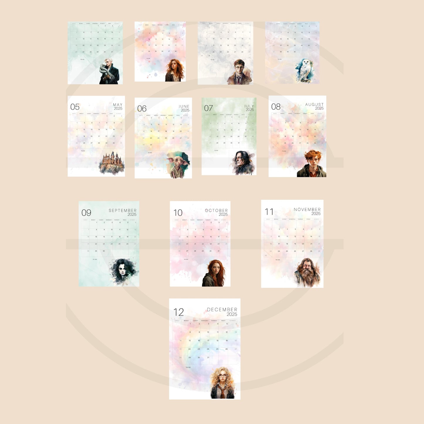 Magical HP Themed 2025 Digital Printable A4 Size Calendar