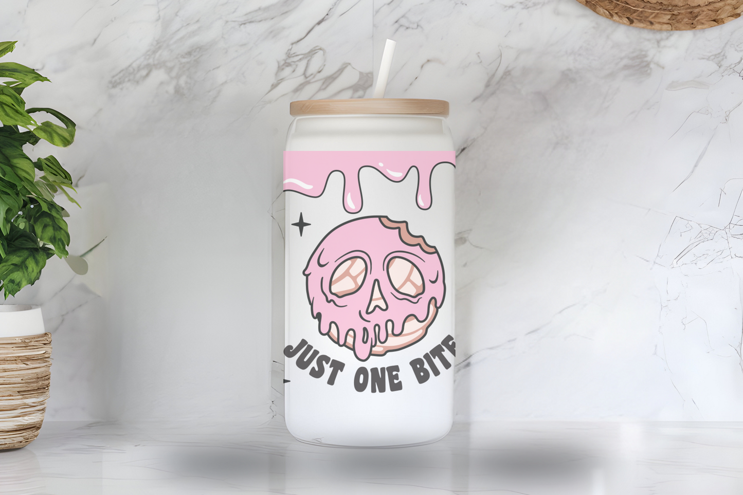 Just One Bite Pink Dripping Skull Donut Design 16 oz Frosted Glass Cup with Bamboo Lid & Straw