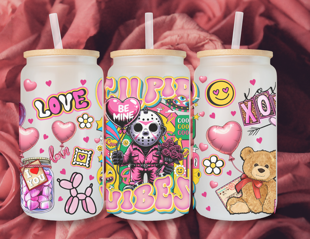 16 oz Cupid Vibes Valentine's Day Frosted Glass Tumbler with Bamboo Lid and Straw Jason Voorhees