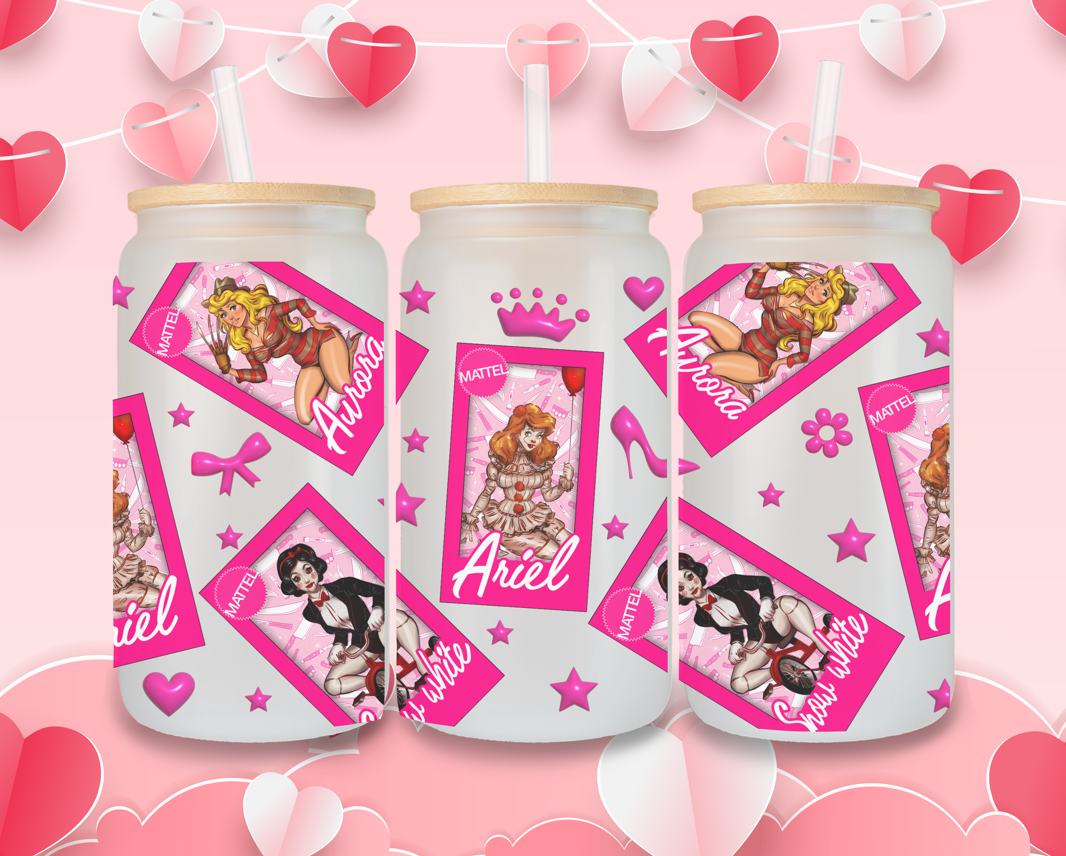 16 oz "Fairy Tale Icons" Valentine's Day Frosted Glass Tumbler with Bamboo Lid and Straw Ariel, Aurora, and Snow White