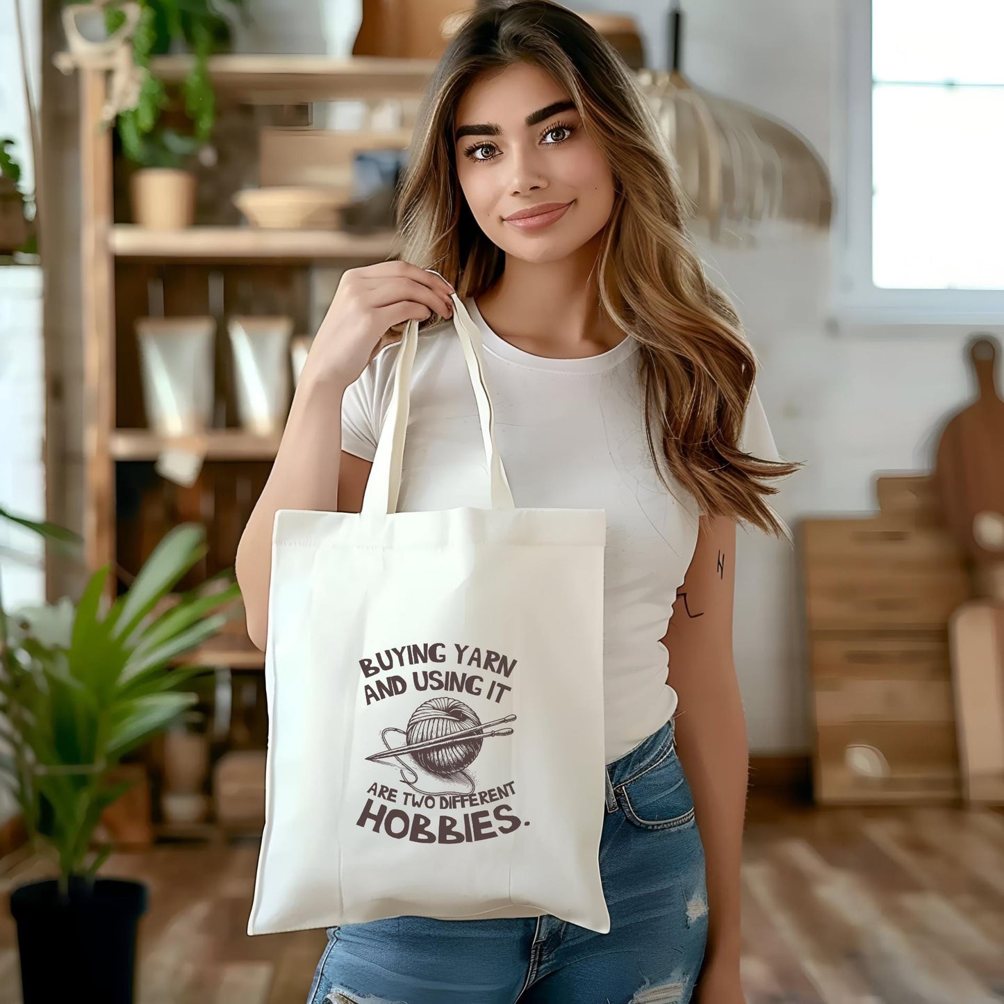 Funny Yarn Enthusiast Tote Bag - 'Buying Yarn and Using It Are Two Different Hobbies'