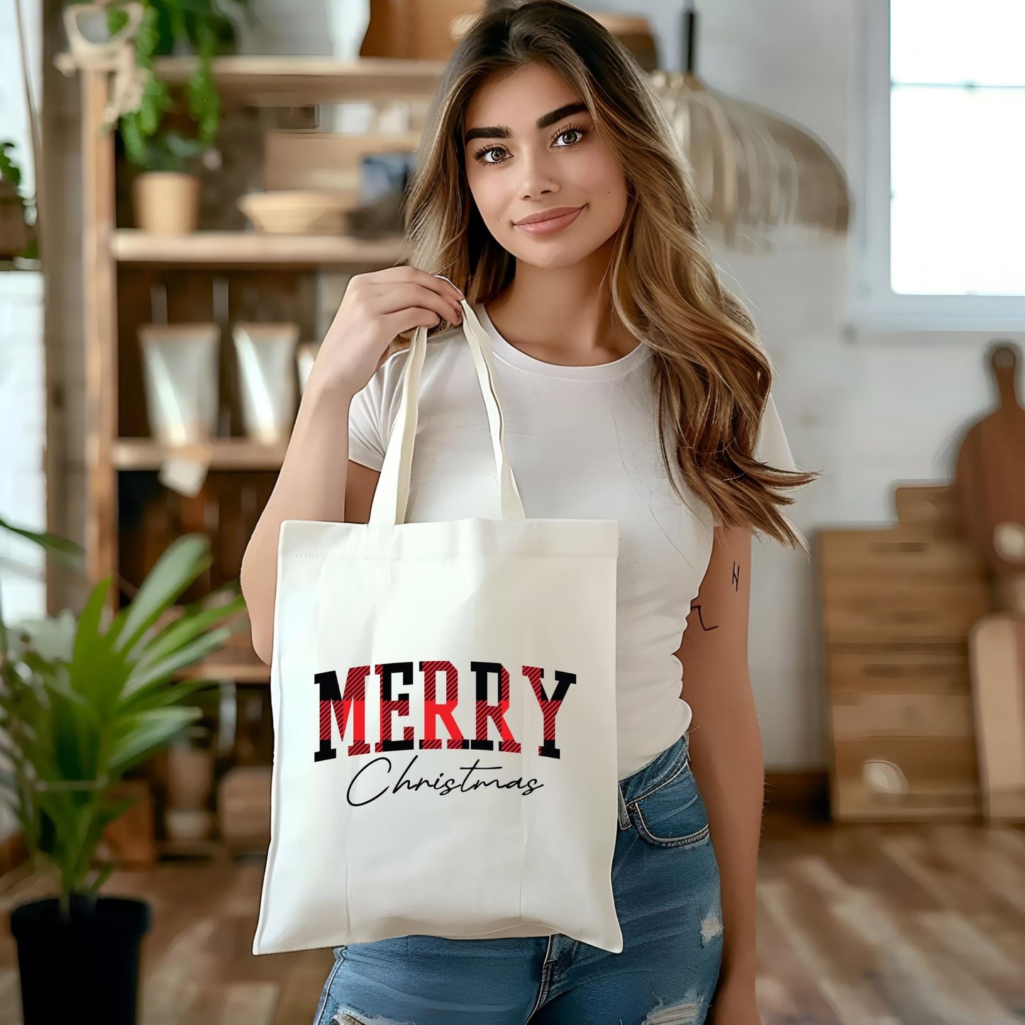 Merry Christmas Plaid Tote Bag - Festive Holiday Shopping Bag