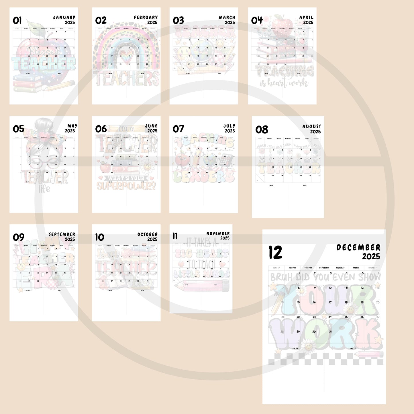 2025 Teacher-Themed Digital Printable A4 Size Calendar - Inspirational Quotes & Art
