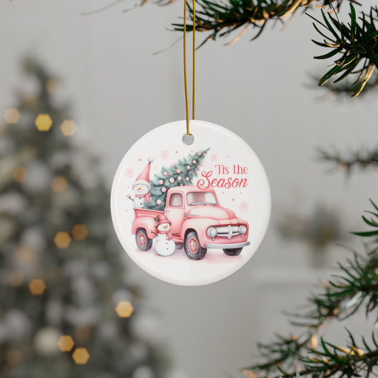 Tis the SeasonPink Truck Ceramic Ornament  (1pc, 3pcs, 5pcs, 10pcs)