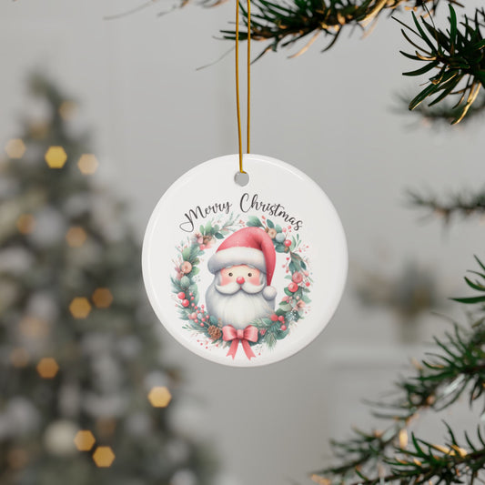 Merry Christmas Santa Wreath Ceramic Ornament (1pc, 3pcs, 5pcs, 10pcs)