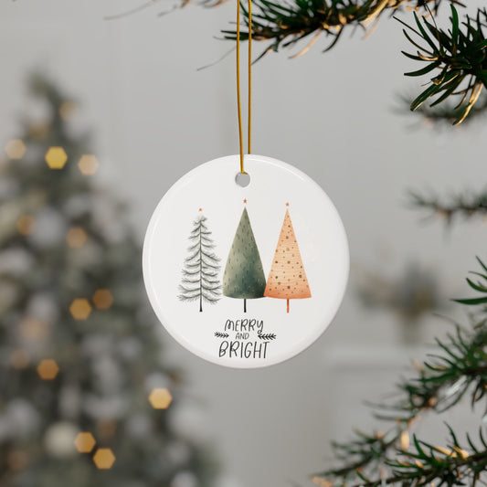 Merry and Bright Cozy Trees Ceramic Ornament (1pc, 3pcs, 5pcs, 10pcs)