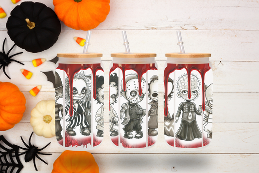 Chibi Horror Villains 16 oz Frosted Glass Cup with Bamboo Lid & Straw