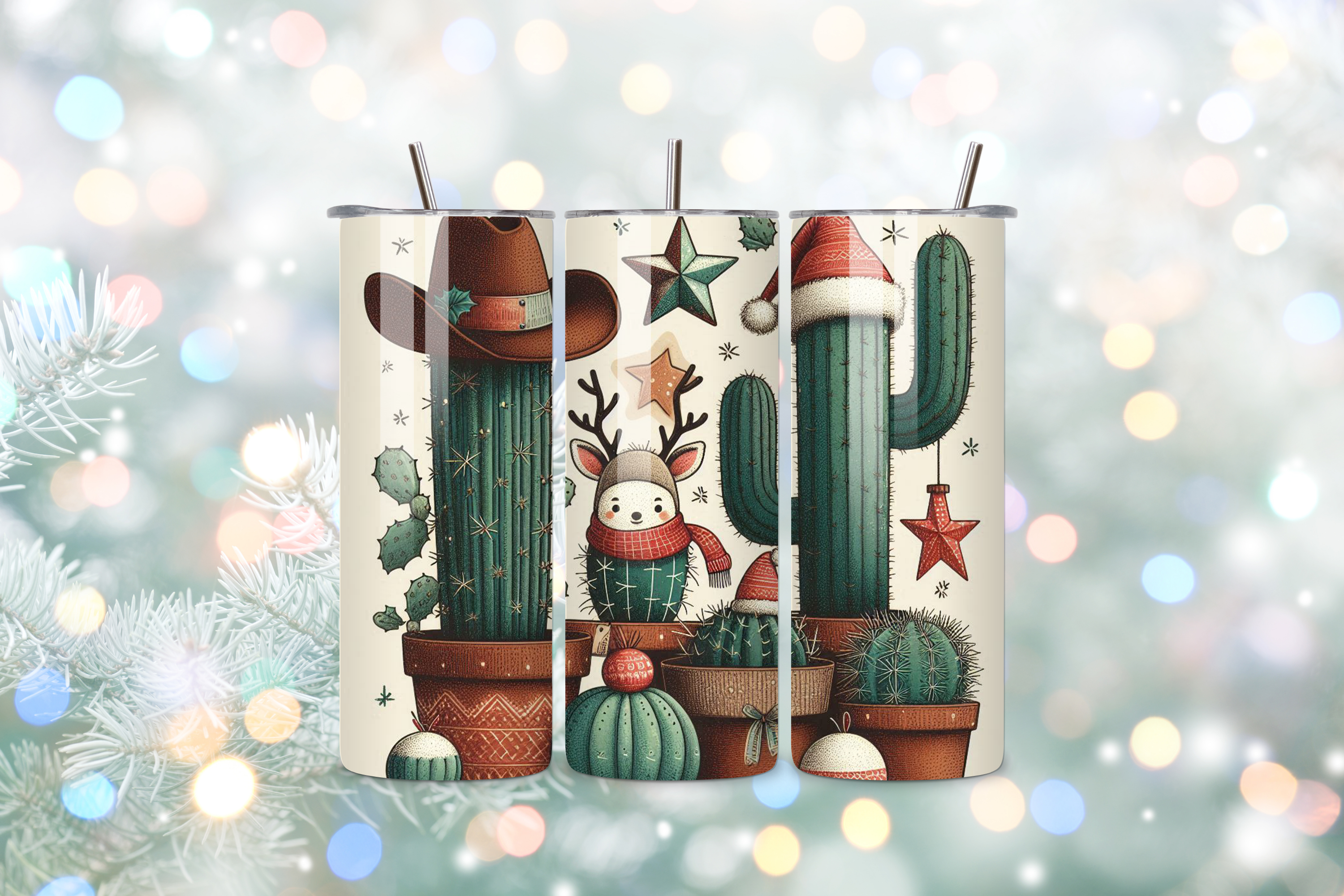 Cowboy Christmas Cactus 20oz Handmade Tumbler with Straw & Random Straw Topper