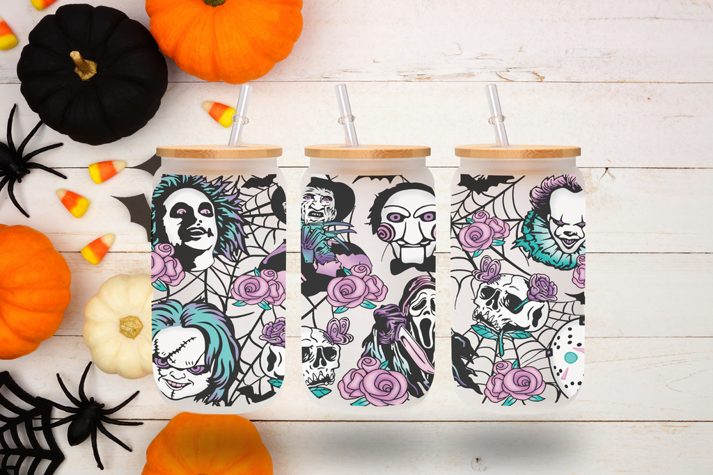 Horror Icons with Roses & Skulls Design 16 oz Frosted Glass Cup with Bamboo Lid & Straw