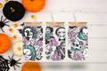 Horror Icons with Roses & Skulls Design 16 oz Frosted Glass Cup with Bamboo Lid & Straw