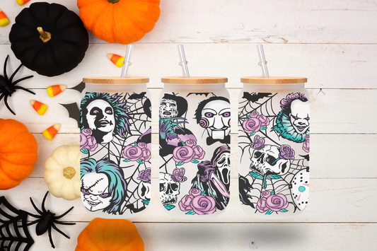 Horror Icons with Roses & Skulls Design 16 oz Frosted Glass Cup with Bamboo Lid & Straw