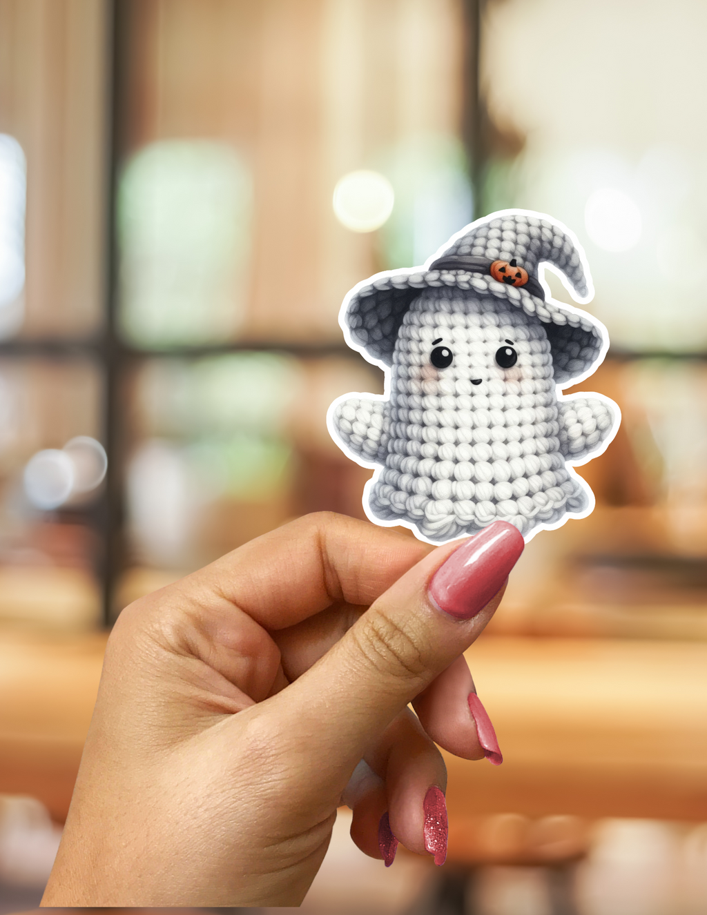 Crochet Ghost with Witch Hat Kawaii Sticker