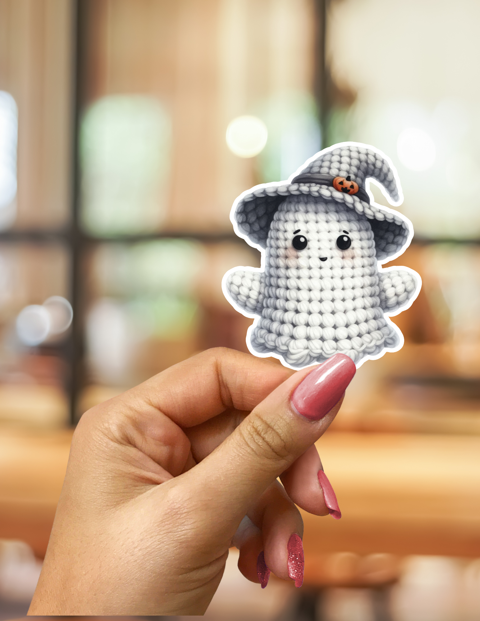 Crochet Ghost with Witch Hat Kawaii Sticker