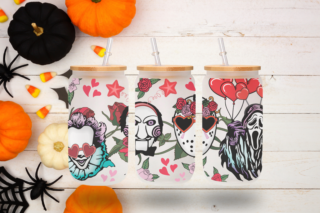 Horror love-themed cup 16 oz Frosted Glass Cup with Bamboo Lid
