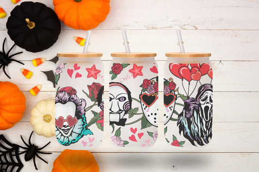 Horror love-themed cup 16 oz Frosted Glass Cup with Bamboo Lid