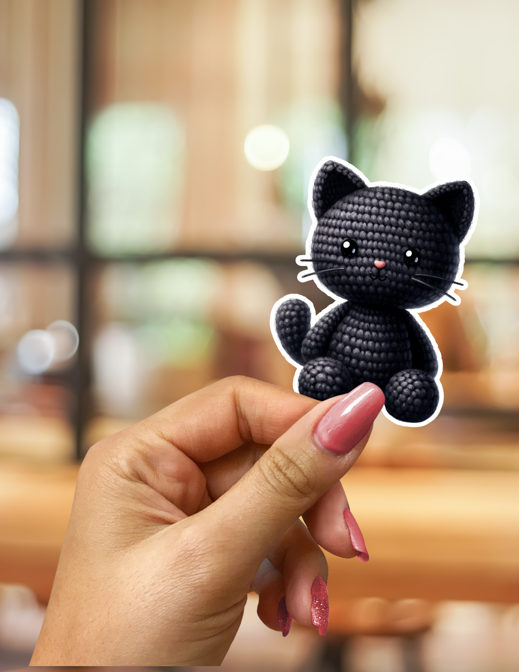 Adorable Crochet Black Cat Kawaii Sticker