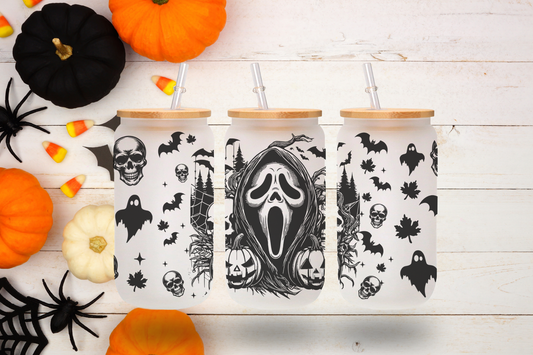 Ghostface 16 oz Frosted Glass Cup with Bamboo Lid & Straw