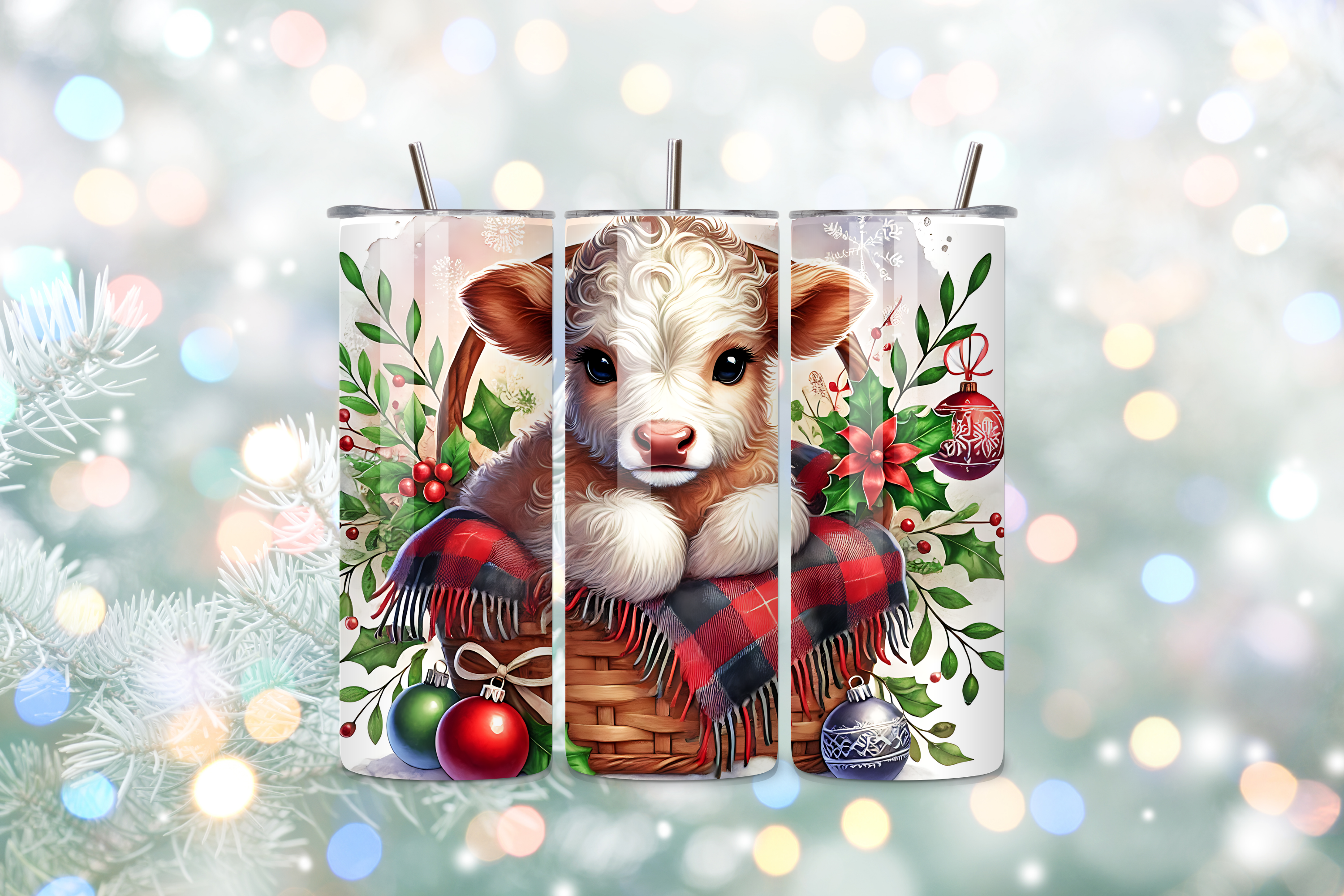 Christmas Highland Cow 20oz Handmade Tumbler with Straw & Random Straw Topper