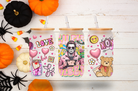 Michael Myers "Cupid Vibes" Valentine's Day Design 16 oz Frosted Glass Cup with Bamboo Lid & Straw