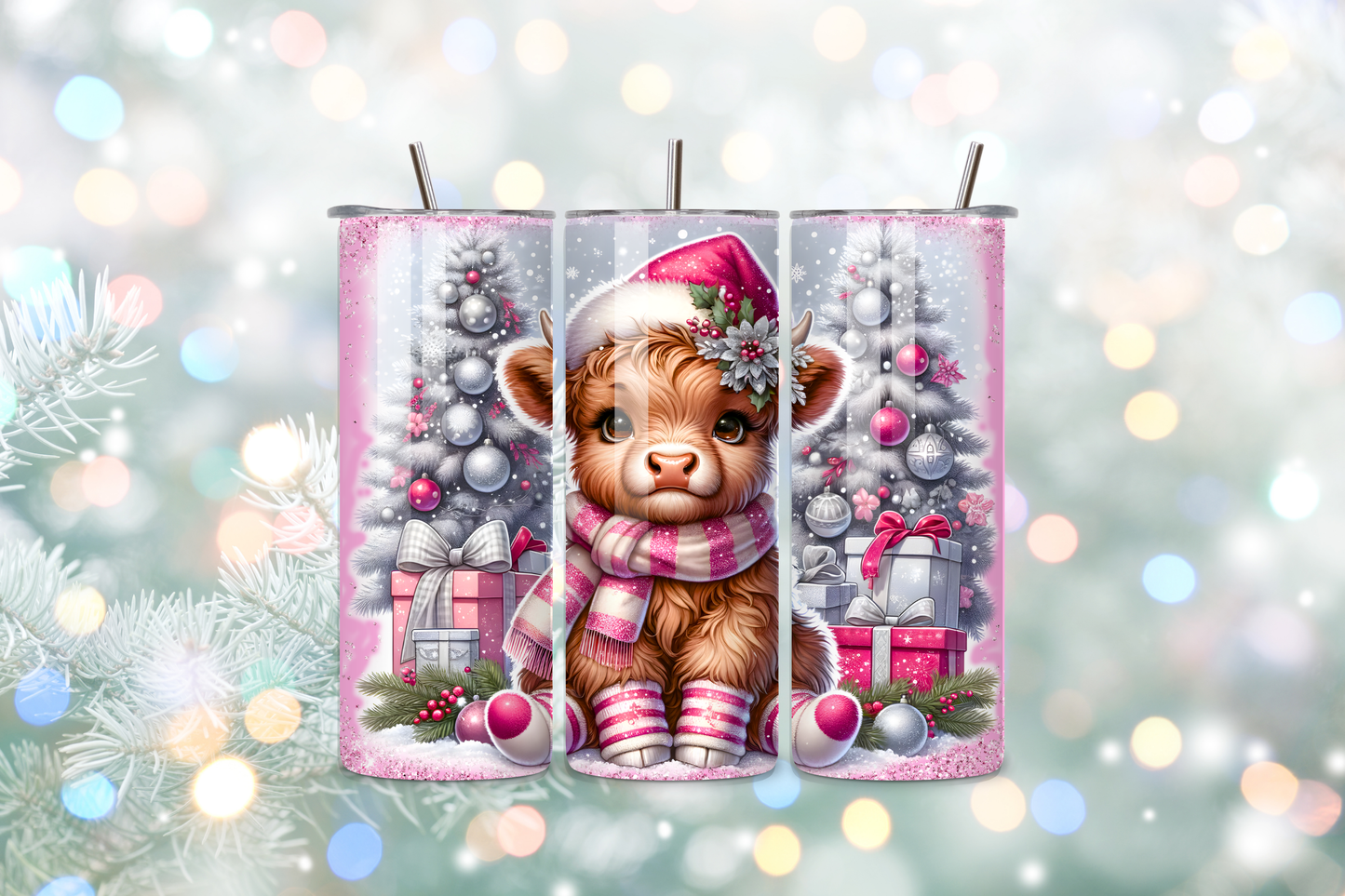 Holiday Highland Cow 20oz Handmade Tumbler with Straw & Random Straw Topper