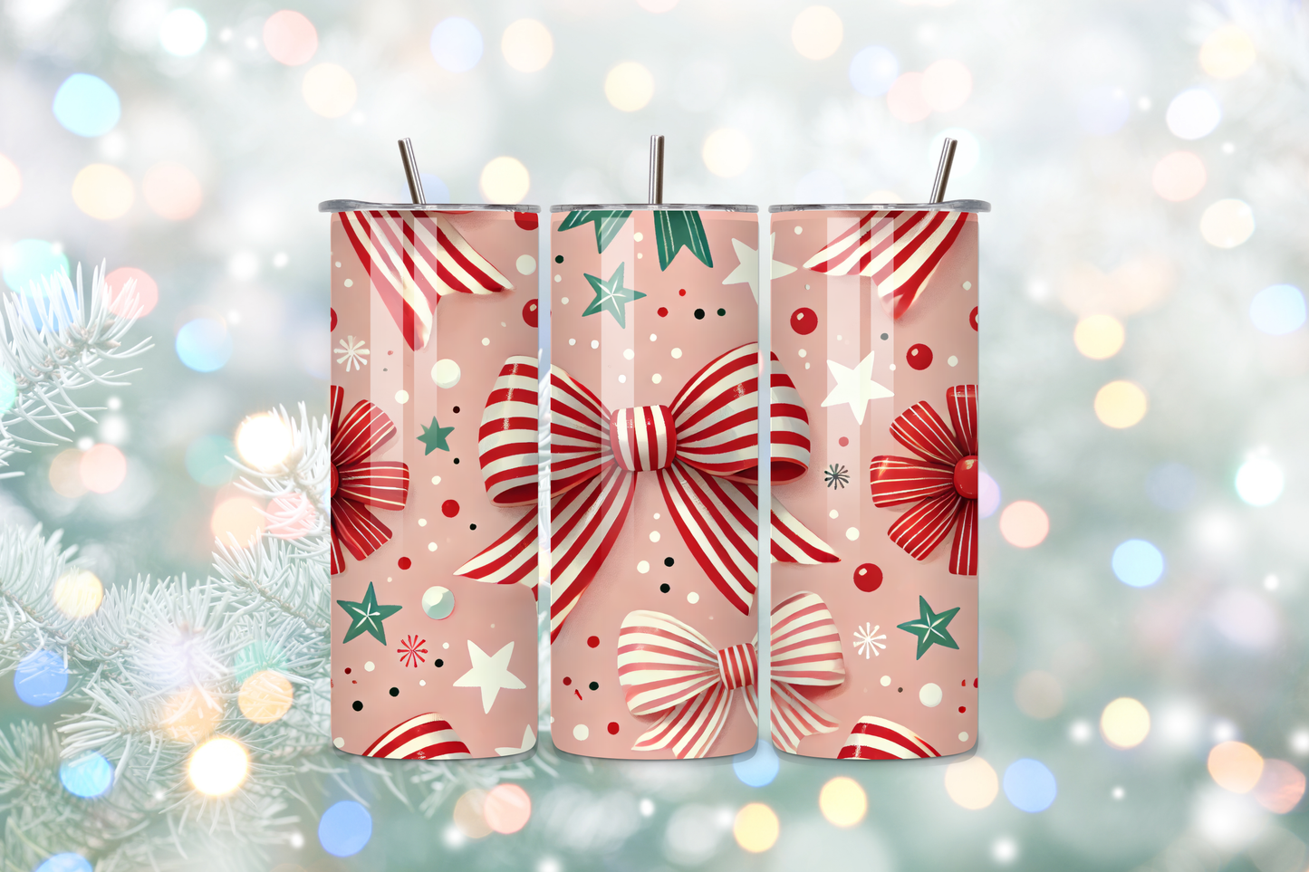 Candy Cane Bow 20oz Handmade Tumbler with Straw & Random Straw Topper