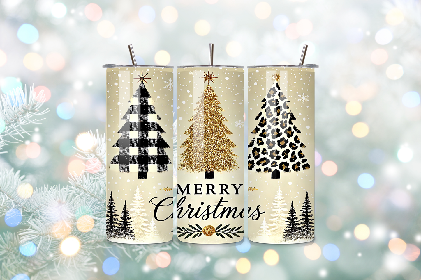 Merry Christmas Tree Trio 20oz Handmade Tumbler with Straw & Random Straw Topper