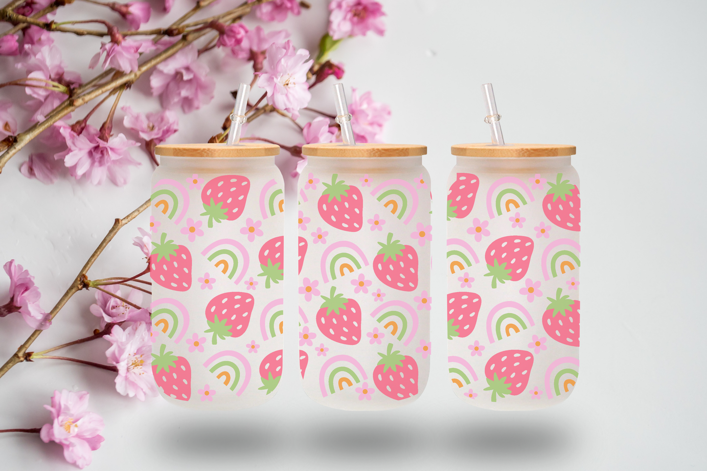 Cute Strawberry & Rainbow 16 oz Frosted Glass Cup with Bamboo Lid & Straw
