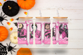 Pink Horror Icons Collection 16 oz Frosted Glass Cup with Bamboo Lid & Straw