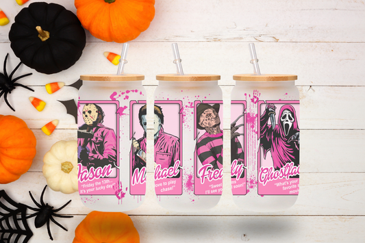 Pink Horror Icons Collection 16 oz Frosted Glass Cup with Bamboo Lid & Straw