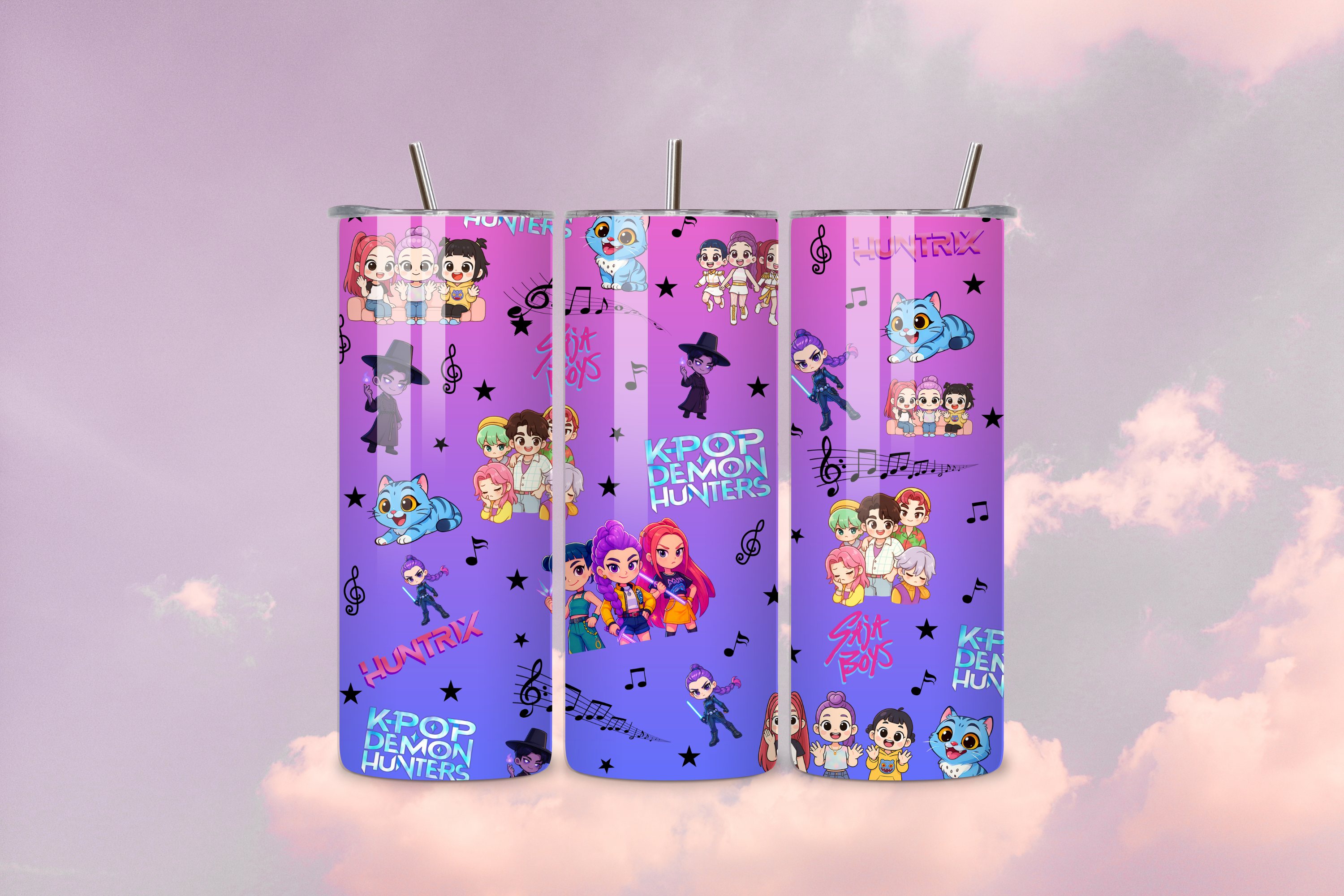 K-Pop Collab Edition 20oz Handmade Tumbler with Straw & Random Straw Topper Soda Pop, Huntrix, Saja Boys, and K-Pop Demon Hunters