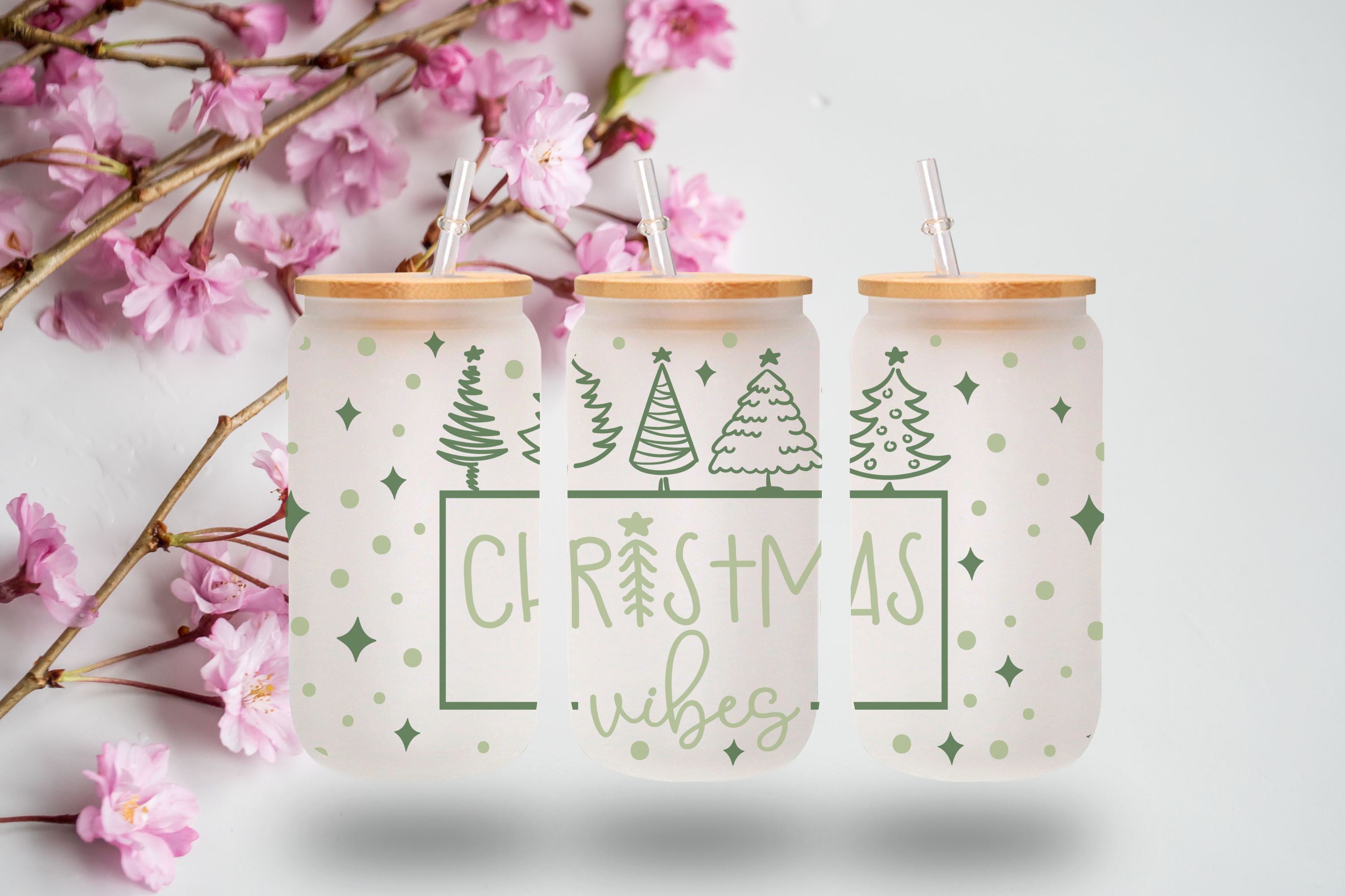 Christmas Vibes Holiday Design 16 oz Frosted Glass Cup with Bamboo Lid and Straw