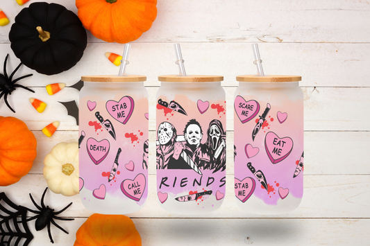 Horror Friends and Valentine’s Day Design 16 oz Frosted Glass Cup with Bamboo Lid and Straw