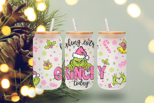 Feeling Extra Grinchy Today 16 oz Frosted Glass Cup with Bamboo Lid and Straw