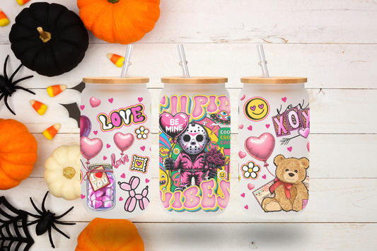 Jason Cupid Vibes"Valentine's Day/Horror Design 16 oz Frosted Glass Cup with Bamboo Lid & Straw