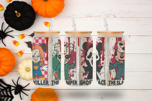 Horror Cartoon Characters Design 16 oz Frosted Glass Cup with Bamboo Lid & Straw