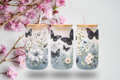 Elegant Floral and Butterfly Design 16 oz Frosted Glass Cup with Bamboo Lid and Straw