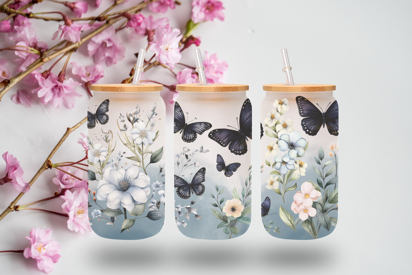 Elegant Floral and Butterfly Design 16 oz Frosted Glass Cup with Bamboo Lid and Straw