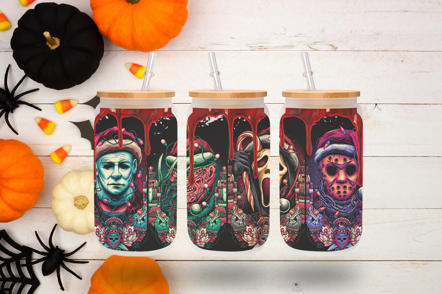 Christmas Horror-Themed Frosted Glass Cup - 16oz with Bamboo Lid & Straw